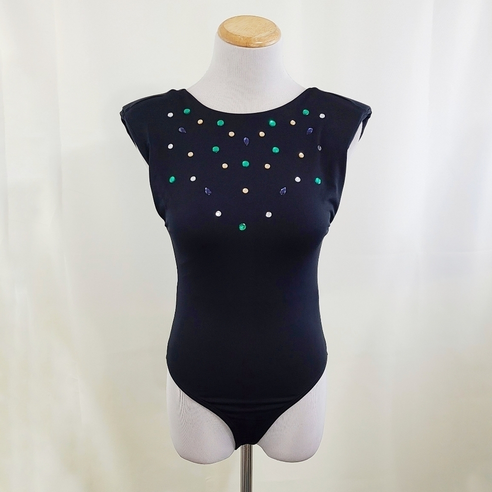 Zara sparkly rhinestone studded bodysuit padded shoulders size small NEW